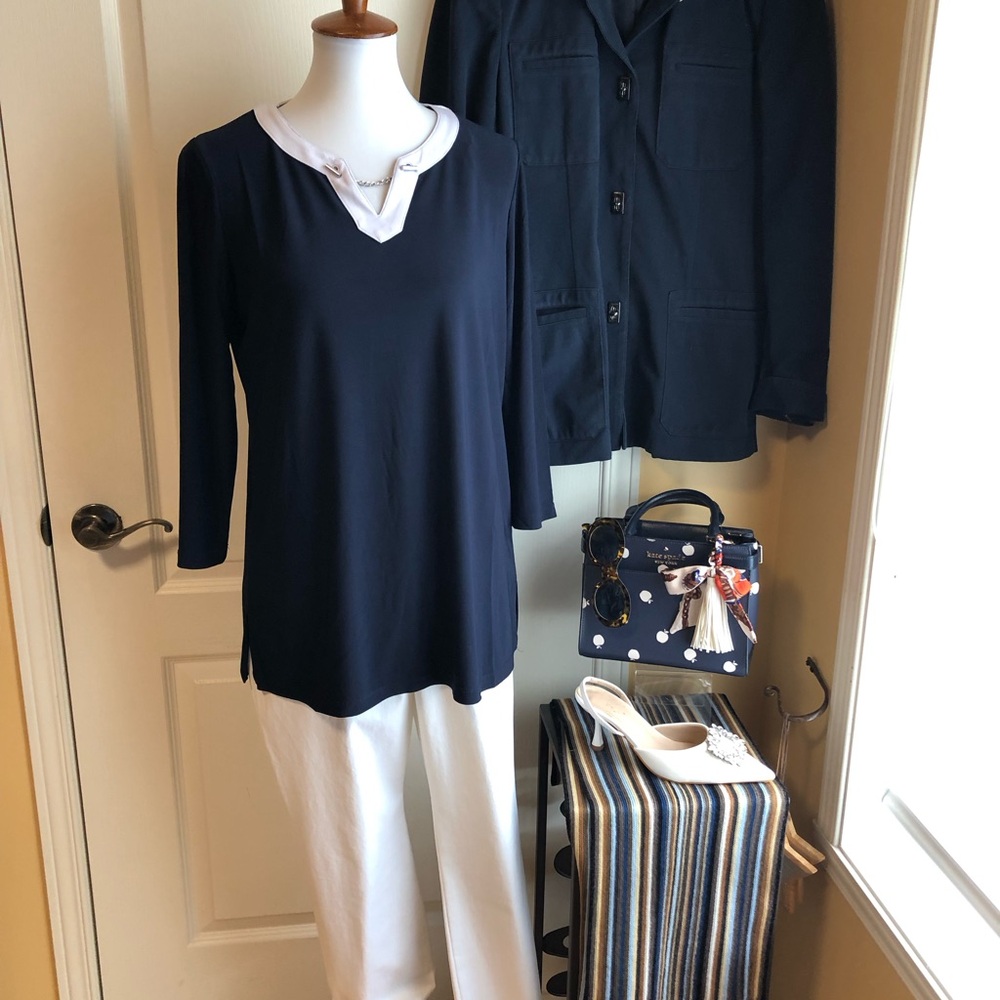 Anne Klein Navy Top with White Trim V-Neck